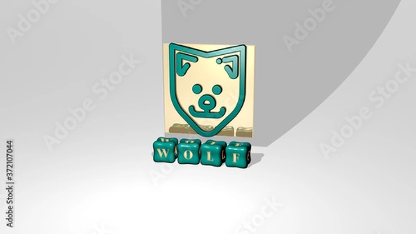 Fototapeta 3D illustration of wolf graphics and text made by metallic dice letters for the related meanings of the concept and presentations for animal and background