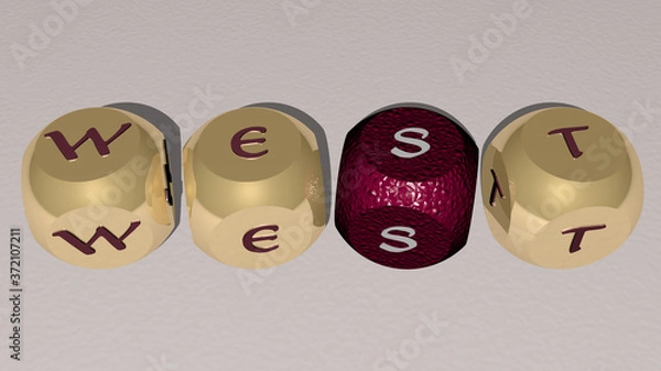 Fototapeta WEST text by cubic dice letters, 3D illustration for editorial and coast