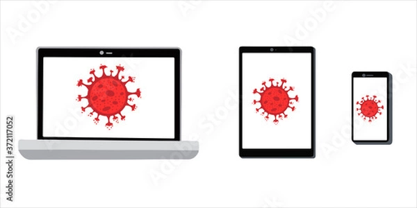 Fototapeta Smartphone, tablet, and laptop are installed with a virus screensaver isolated on a white background. Stock vector illustration. Virus, coronavirus, virus programs.