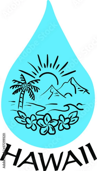 Fototapeta Hawaiian Palm Tree Tropical Floral Pattern On Blue Water Droplet. Hawaii Patterns with Plumeria, Beach, Sun, mountains