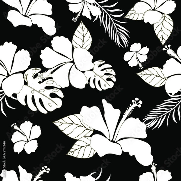 Obraz Hibiscus Flower Hawaiian Floral Pattern On Black Background. Tropical Flower Seamless repeat patterns