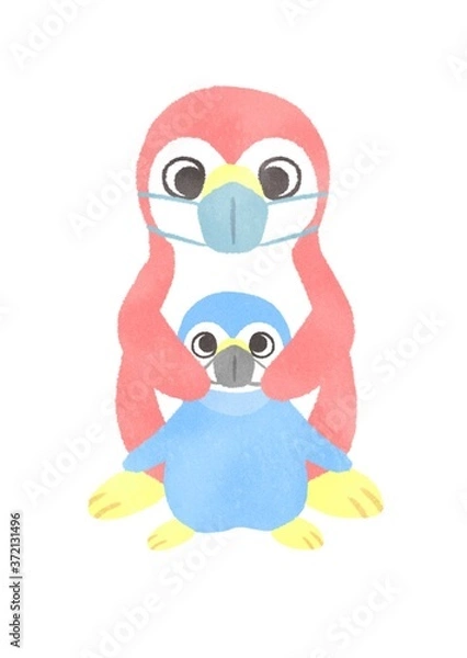 Fototapeta ペンギン　親子　マスク　感染症対策