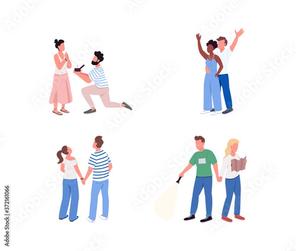 Obraz Couple entertainment flat color vector faceless character set. Man propose to woman with diamond ring. Pair pastime isolated cartoon illustration for web graphic design and animation collection