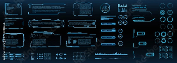 Fototapeta Set of futuristic digital HUD elements for user interface. Callouts, frames, pointers, circles, arrows, headers. Vector elements