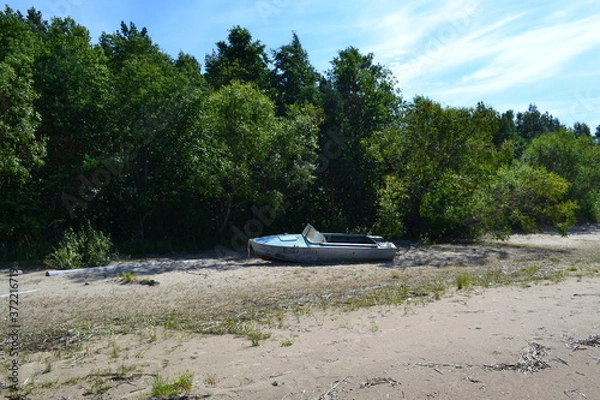 Obraz an old boat on the sandy shore of the lake on a summer day