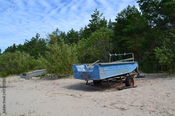 Obraz an old boat on the sandy shore of the lake on a summer day