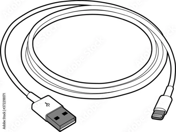 Fototapeta Professional vector illustration of a Lightning cable charger - Line Drawing, Black and White, technology