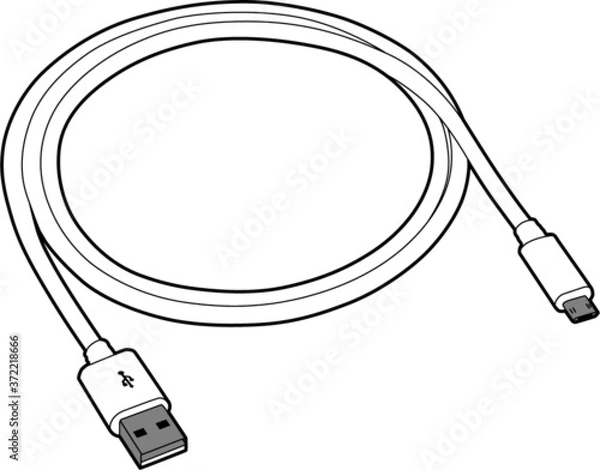 Fototapeta Professional vector illustration of a micro usb charger - Line Drawing, Black and White, electronics