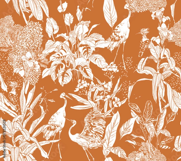 Obraz Tropical Birds Cranes, Hoopoe in Exotic Flowers, Linear Seamless Pattern Jungle Plants Floral Print Engraving Outline White on Ochra Color