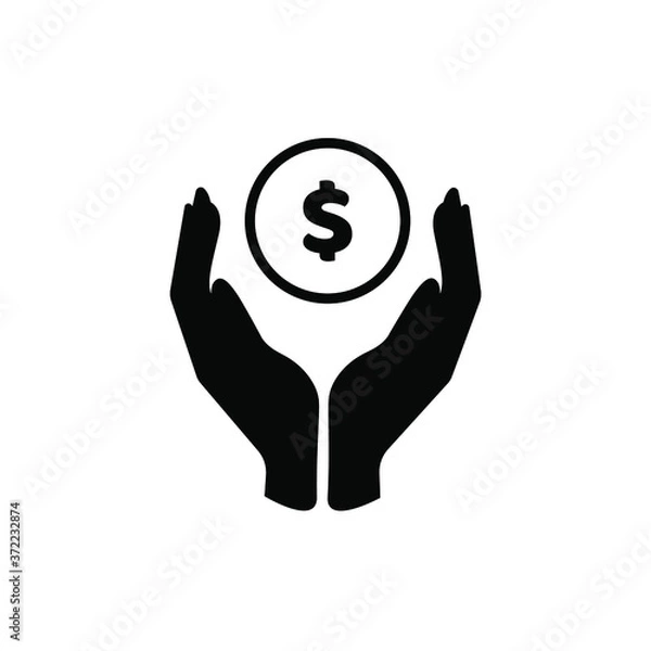 Fototapeta Coin with a dollar sign between two palms. Hands are holding a coin. Vector icon, flat minimal design, isolated on white background, eps 10.