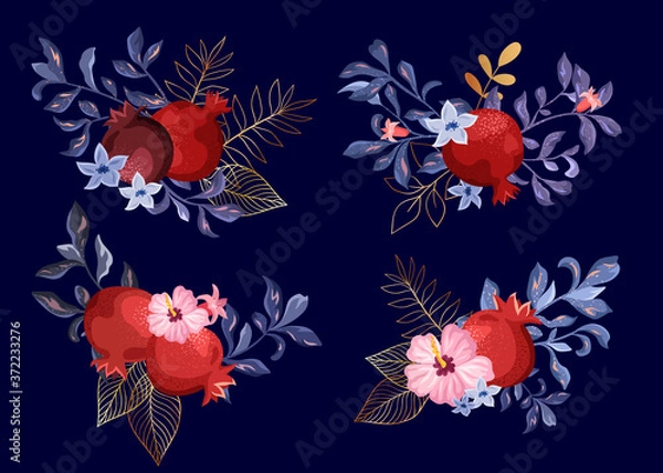 Fototapeta Decorative compositions, bouquets of pomegranate and gold leaves. Set of botanical clip art.