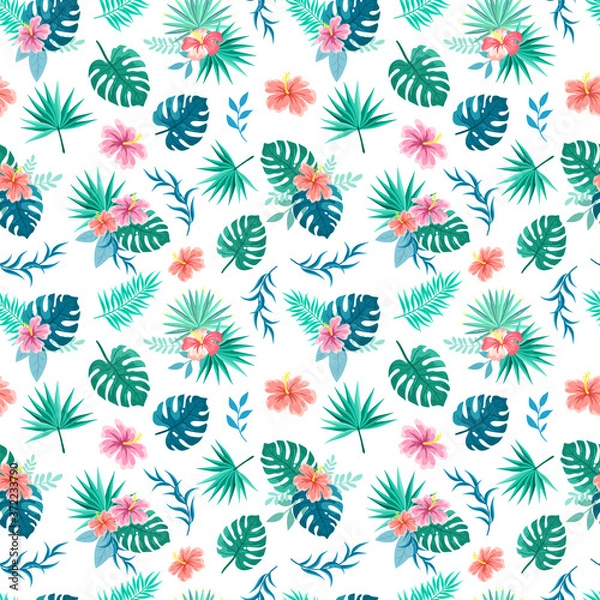 Fototapeta Tropical bouquets of palm leaves and hibiscus flowers on a white background. Seamless summer pattern