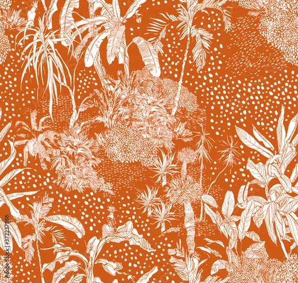 Obraz Hand Drawn Doodle Jungle, Tropical Plants Outline Seamless Pattern White on Ochre Background, Exotic Textile Summer Print