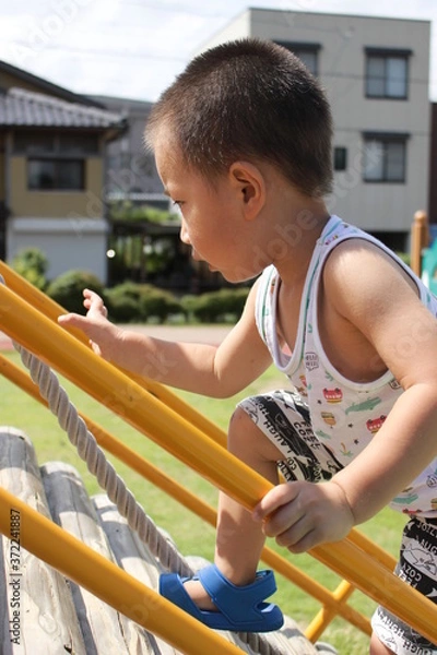 Obraz ロープを掴もうとしている真剣な表情の男の子（三才児）