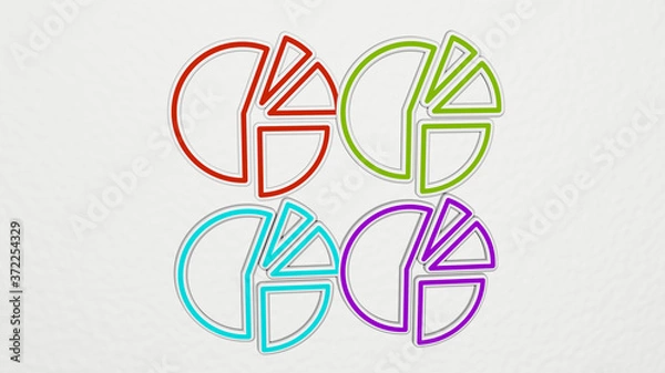 Fototapeta pie chart made by 3D illustration of a shiny metallic sculpture on a wall with light background for cake and baked