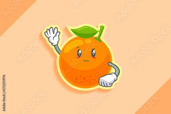 Fototapeta REALLY, ATTENTIVE, CURIOS Face Emotion. Waving Hand Gesture. Orange, Citrus Fruit Cartoon Drawing Mascot Illustration.