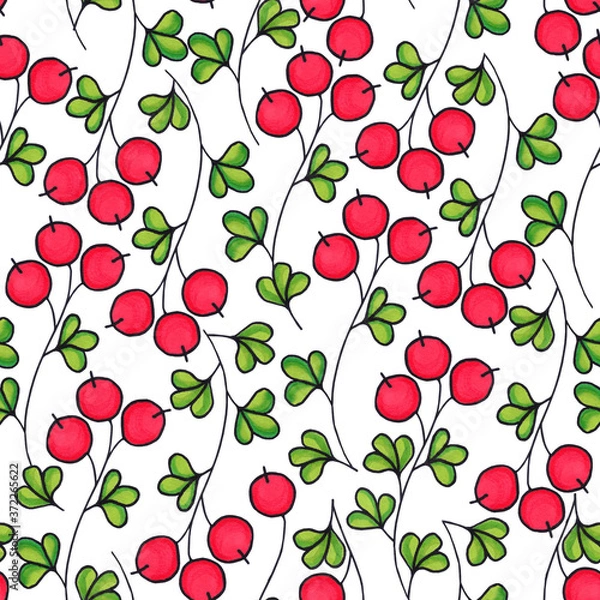 Fototapeta Bright seamless pattern with red berries and green leaves.