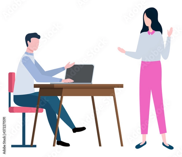 Fototapeta Man sitting at table with notebook and woman discussing work problems. Vector cartoon style people at work place isolated on white, brokers collaboration