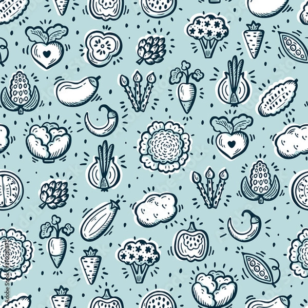 Obraz Food background. Doodle Vegetables Seamless pattern. Vector illustration