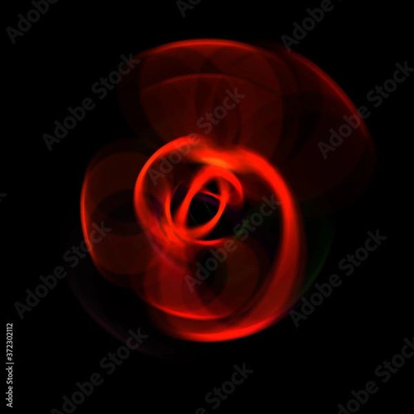 Fototapeta Spinning rays of light isolated on black background. Graphic 2D illustration of glowing colorful light particles in circular motion.