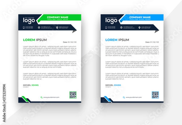 Fototapeta A4 letterhead vector design, official letterhead in fat style in three color combinations green, blue & black.