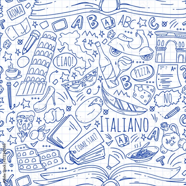 Obraz Italian language learning. Vector pattern with icons and national symbols of Italy.