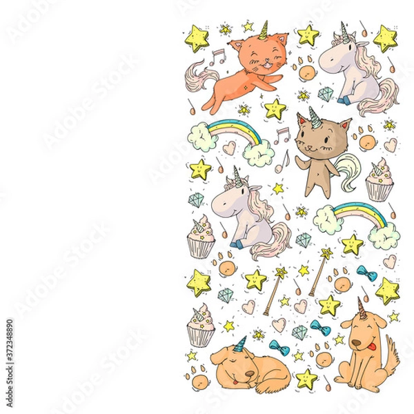 Fototapeta Pattern with unicorns, rainbow, confetti and other elements. Vector background with stickers, pins, patches in cartoon. Cats and dogs.