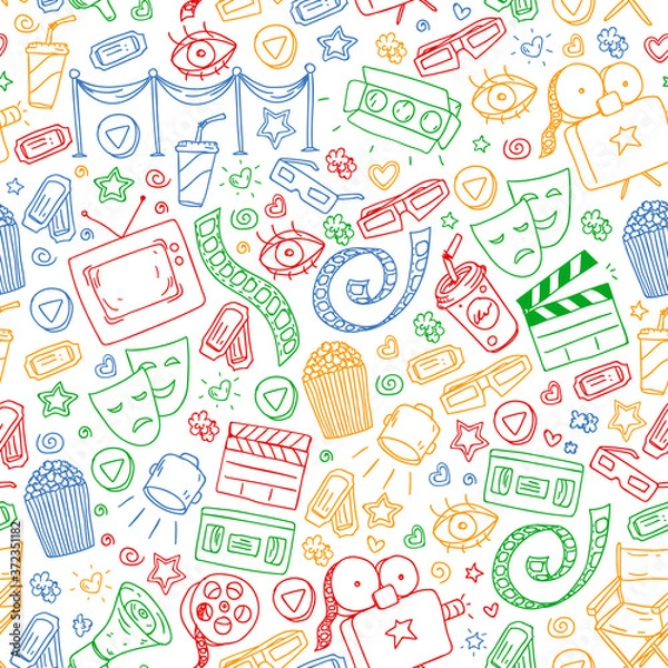 Obraz Seamless cinema pattern with vector icons. Pop corn, music, movie, online tv.