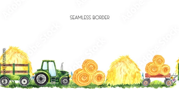 Obraz Watercolor hand painted autumn harvest seamless border with bright green tractor and haystacks on the green grass