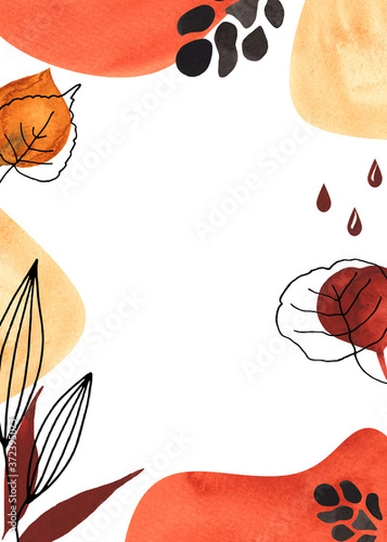 Obraz Botanical Line and Abstract Art frame with black silhouettes of plants and pitchers with bright autumn abstract spots