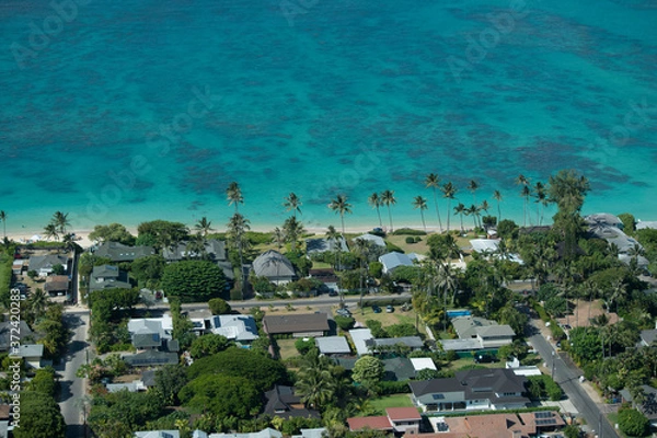 Obraz aerial drone view of lanikai beach from pill box mountain hike 