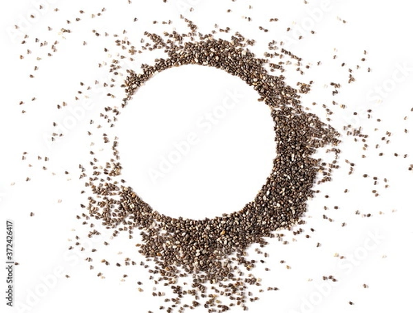 Fototapeta Chia seeds pile, round frame and border isolated on white background, top view