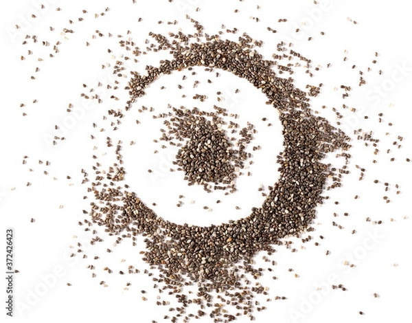 Fototapeta Chia seeds pile, round frame and border isolated on white background, top view