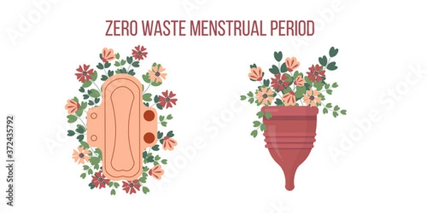 Fototapeta Set of hygiene product for women. Eco friendly periods alternatives concept. Menstrual cup and reusable pad in vector flat style.