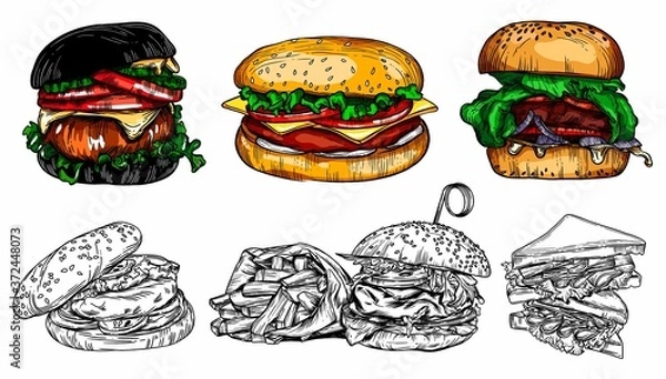 Fototapeta Raster illustrations in the sketch style with detailed drawings of fast food, rolls, and other food. High-quality detailed drawing of all elements.