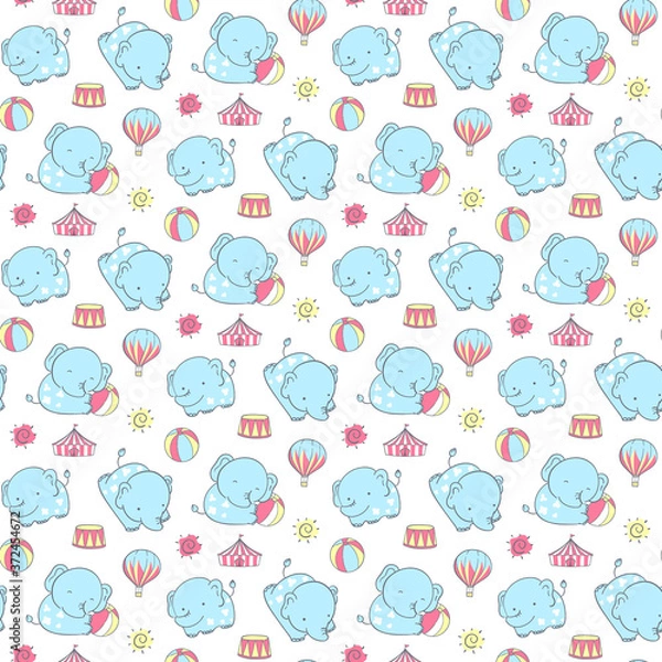Fototapeta Seamless pattern hand drawn happy blue elephant