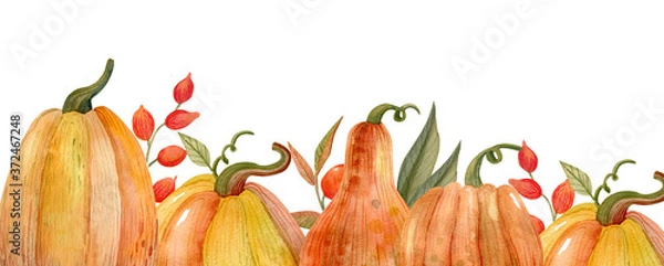 Fototapeta Happy Halloween and thanksgiving day, autumn watercolor frames or cards for the holiday "halloween" with a pumpkin, a wreath and a crow, illustrations of objects for posters and banners