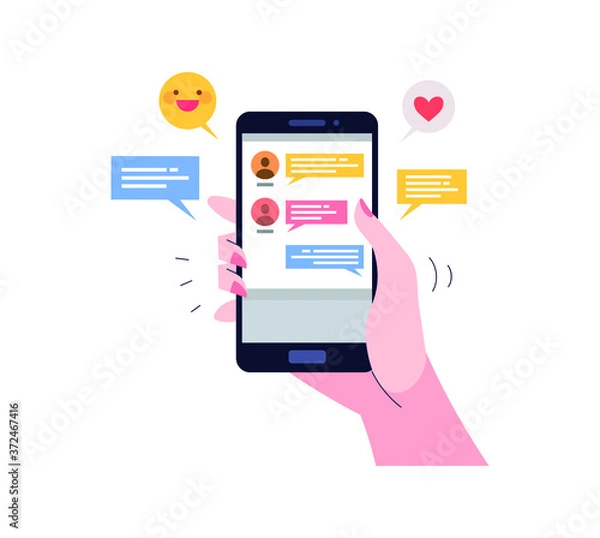 Fototapeta 스마트폰으로 단체 채팅방에서 이야기하는 사람. 