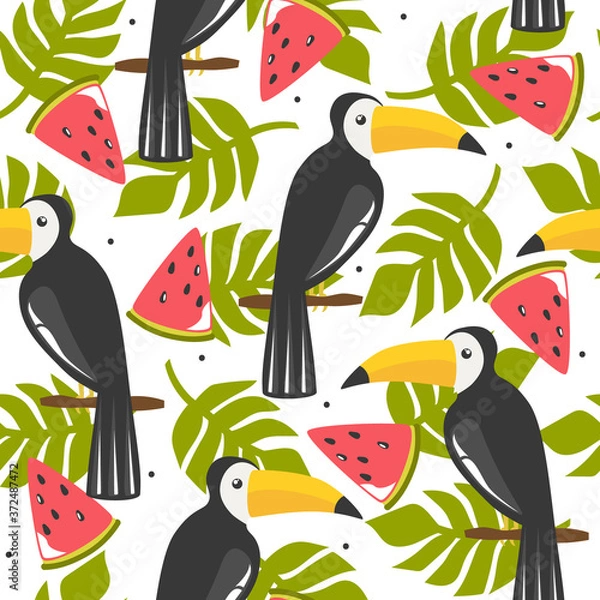 Fototapeta Seamless pattern, birds, palm leaves, fruits, hand drawn overlapping backdrop. Colorful background vector. Cute illustration, toucans. Decorative wallpaper, good for printing