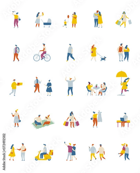Fototapeta Flat vector people set. Outdoor activity. City life. Simple design cartoon people isolated on white background
