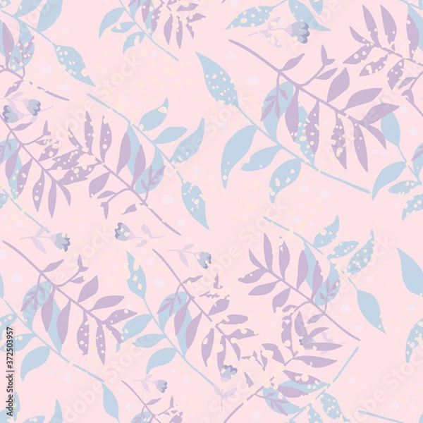 Fototapeta Random seamless forest branch boouquet pattern. Light pink background with blue and purple foliage ornament.