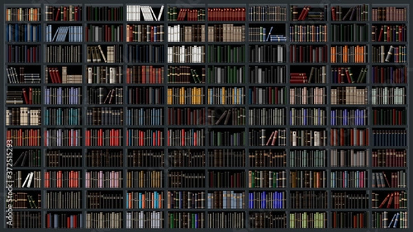 Fototapeta Large bookshelf in the library with many different books. Huge bookcase. Background from books.