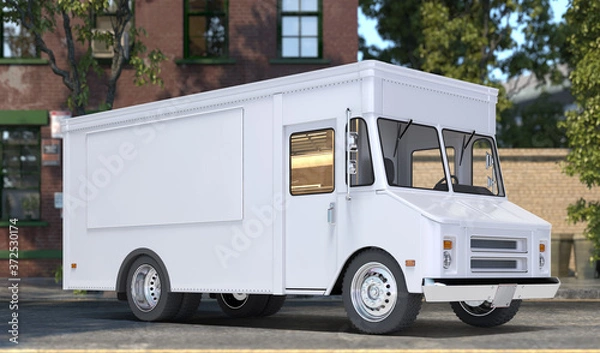 Fototapeta White Realistic Food Truck With Closed Window. Modern Cityscape. Takeaway Food And Drinks. Mock Up. Copy Space, Empty Space. 3d rendering.