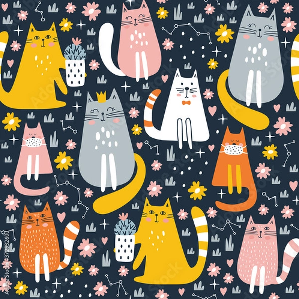 Fototapeta Seamless pattern with cute cat. Kids print. Vector