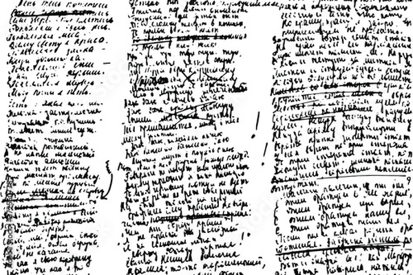 Fototapeta Grunge texture of handwritten illegible text of poems with ink. Correction in the text, strikethrough, illegible, unreadable text. Vector illustration. Overlay template.