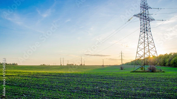 Fototapeta high voltage pylons at sunset with field