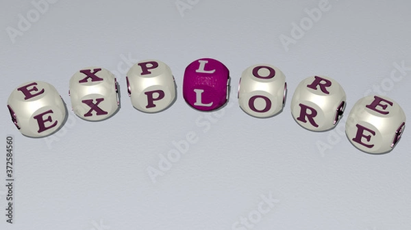Fototapeta EXPLORE curved text of cubic dice letters, 3D illustration for adventure and background