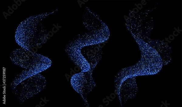 Fototapeta Set of dinamic blue waves smoke, mist and atomizing with sparkling particles. Effect of spray and fog