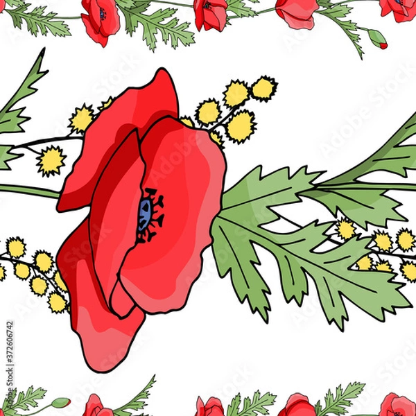 Obraz Seamless pattern brush. Bunch of field flowers. Vintage style. Vector isolated illustration. Ornamental textile background. Vector abstract graphic design.