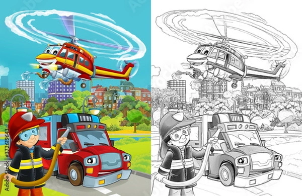 Fototapeta cartoon sketch scene with fire brigade car vehicle on the road